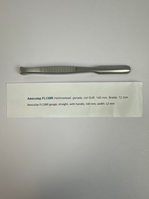 Aesculap FL138R Hohlmeissel, gerade, mit Griff, 140 mm, Breite: 12 mm
Aesculap FL138R gouge, straight, with handle, 140 mm, width: 12 mm
