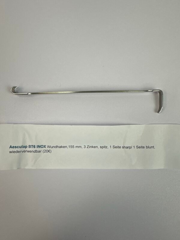 Aesculap BT6 INOX Wundhaken, 155 mm, 3 Zinken, spitz, 1 Seite sharp/ 1 Seite blunt, wiederverwendbar