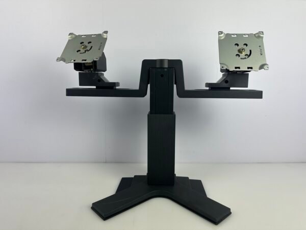 Doppel-Monitorhalterung mit Standfuß und zwei schwenkbaren Monitoraufnahmen